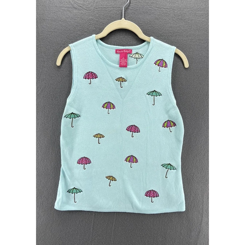 Vintage Alexandra Bartlett Sweater Womens Small Shell Embroidered Umbrellas
